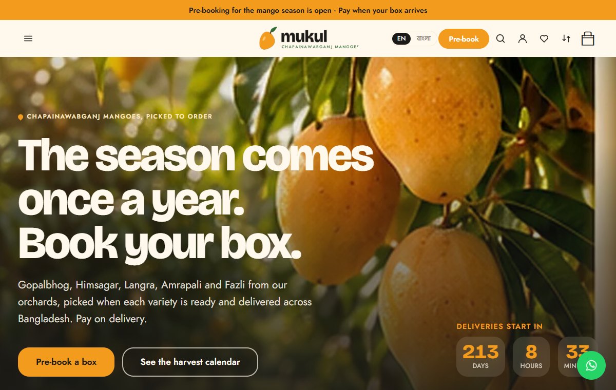 Homepage of the Mukul mango pre-order store template, with ripe mangoes on a branch, the headline “The season comes once a year. Book your box.” and a countdown to the first delivery day