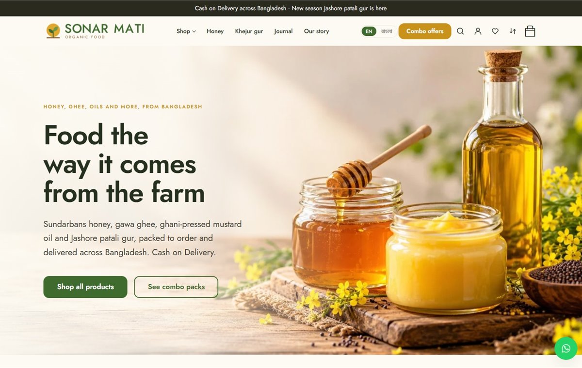 Homepage of the Sonar Mati organic food store template, with jars of honey and ghee and a bottle of mustard oil, and the headline “Food the way it comes from the farm”