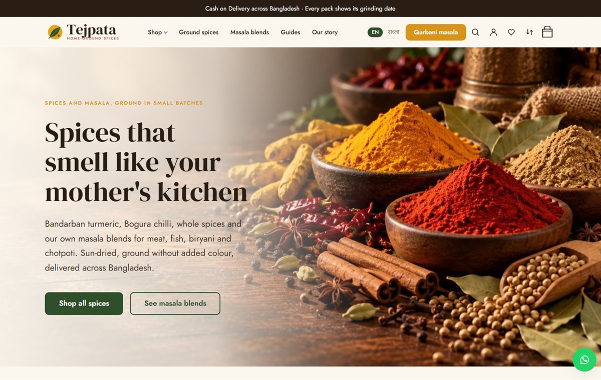 Homepage of the Tejpata spices and masala store template, with heaps of turmeric and chilli powder and the headline “Spices that smell like your mother’s kitchen”