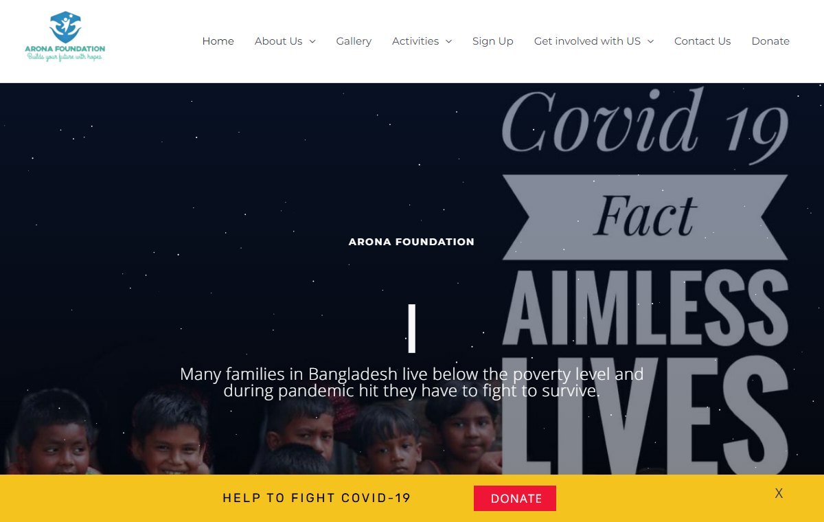Arona Foundation homepage: logo, menu with About Us, Activities and Donate, and a dark banner about families in Bangladesh during the pandemic