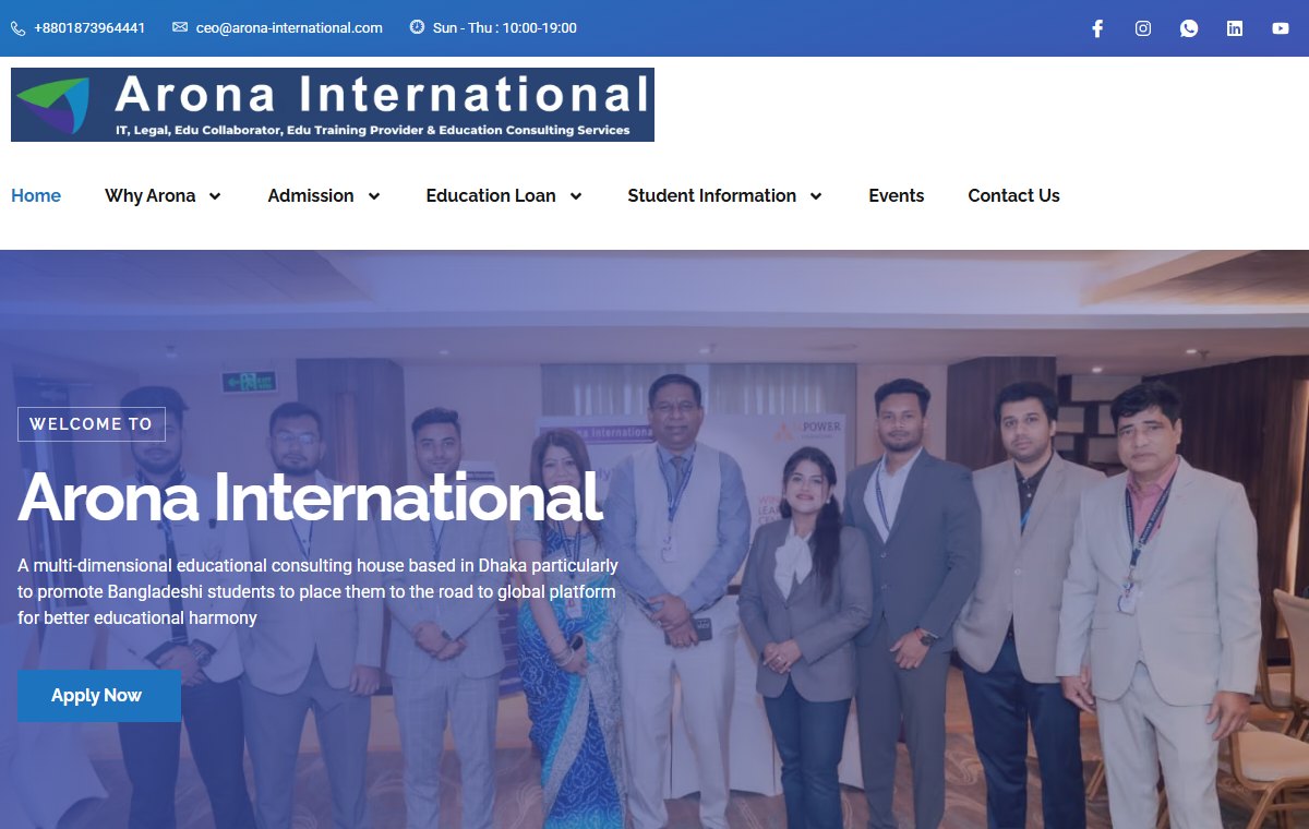 Arona International homepage: logo, menu with Admission, Education Loan and Events, and a team photo with the heading Arona International and an Apply Now button