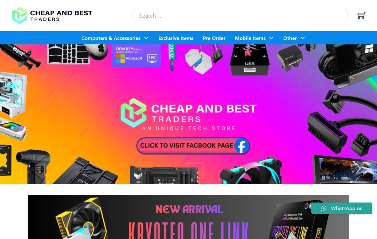 Cheap and Best Traders homepage: logo, search bar, blue menu with Computers and Accessories, Pre Order and Mobile Items, and a colourful banner of PC parts